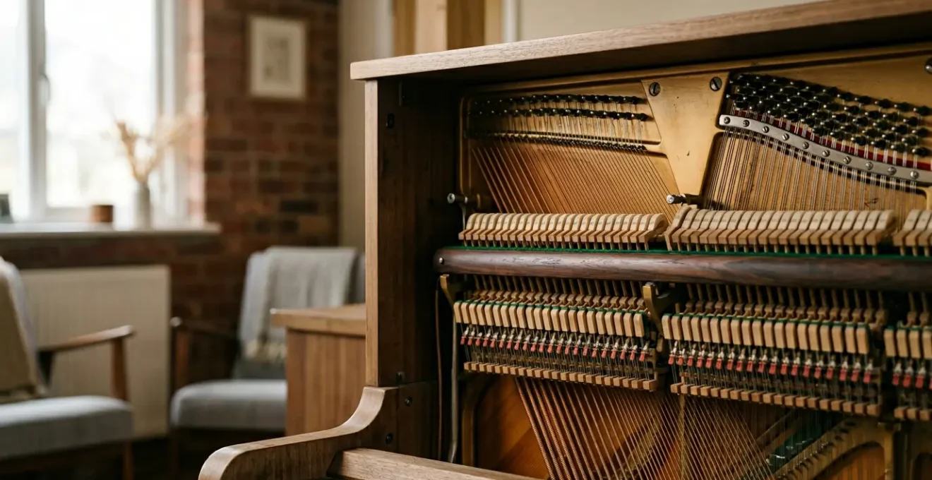 Close-up of acoustic piano soundboard and strings in moody atmospheric lighting showing wood grain texture