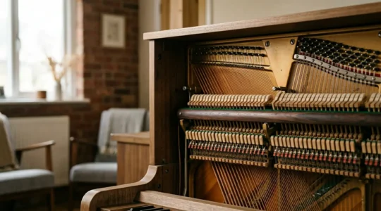 Close-up of acoustic piano soundboard and strings in moody atmospheric lighting showing wood grain texture