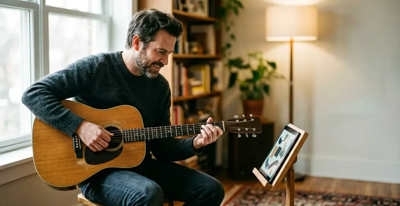Adult musician using digital tablet as music stand with acoustic guitar in modern practice space