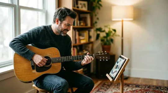 Adult musician using digital tablet as music stand with acoustic guitar in modern practice space