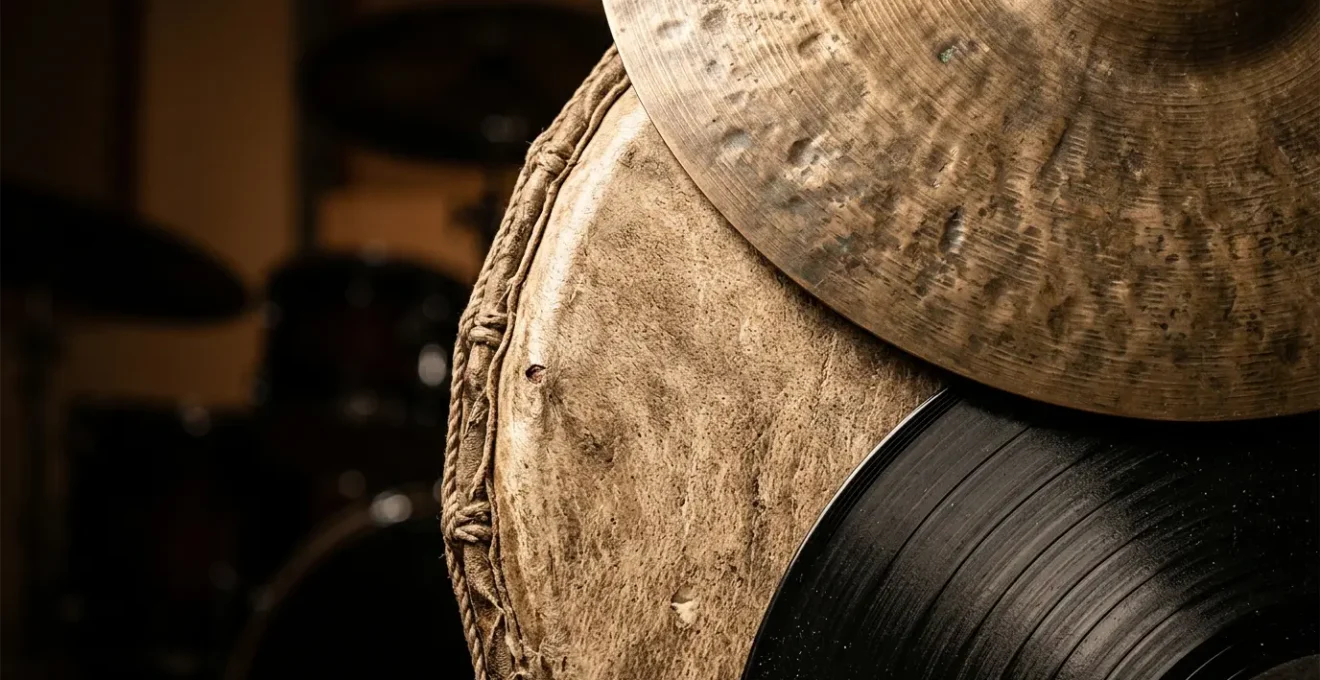 Abstract visualization of interlocking rhythmic patterns converging into contemporary music elements