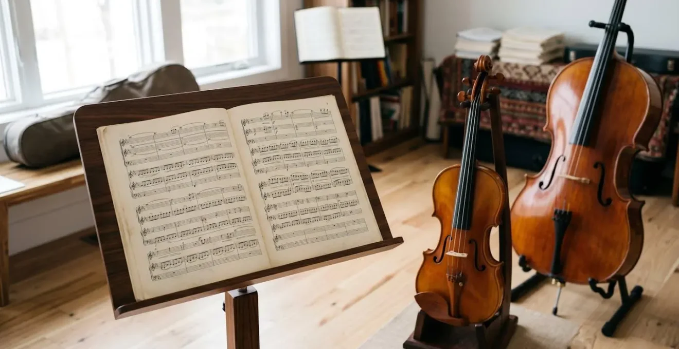 A professional music arranger's workspace showing open orchestral score pages and multiple instruments in soft natural light