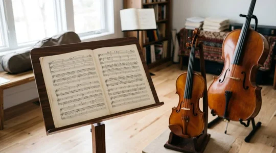 A professional music arranger's workspace showing open orchestral score pages and multiple instruments in soft natural light