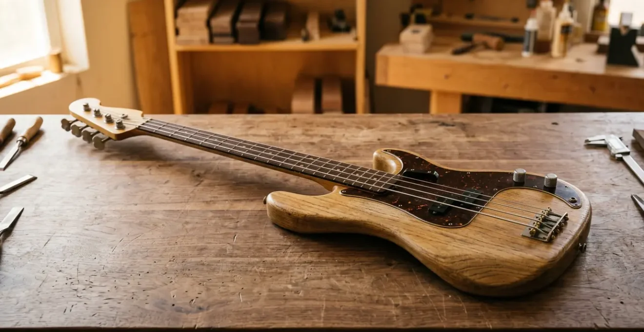 Professional bass guitar setup workspace showing neck adjustment and bridge saddles on luthier workbench