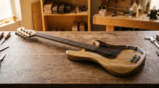 Professional bass guitar setup workspace showing neck adjustment and bridge saddles on luthier workbench