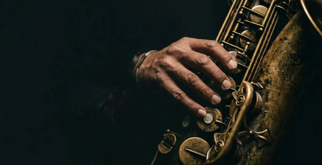 Jazz musician's hands creating expressive bebop lines on instrument with natural dramatic lighting