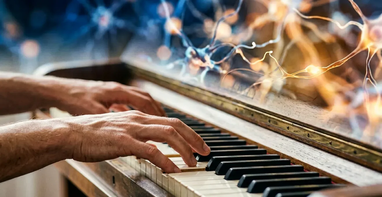 Detailed view of hands playing piano keys with neural pathway visualization overhead
