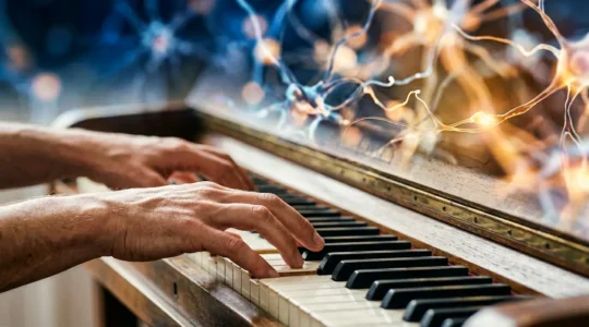 Detailed view of hands playing piano keys with neural pathway visualization overhead