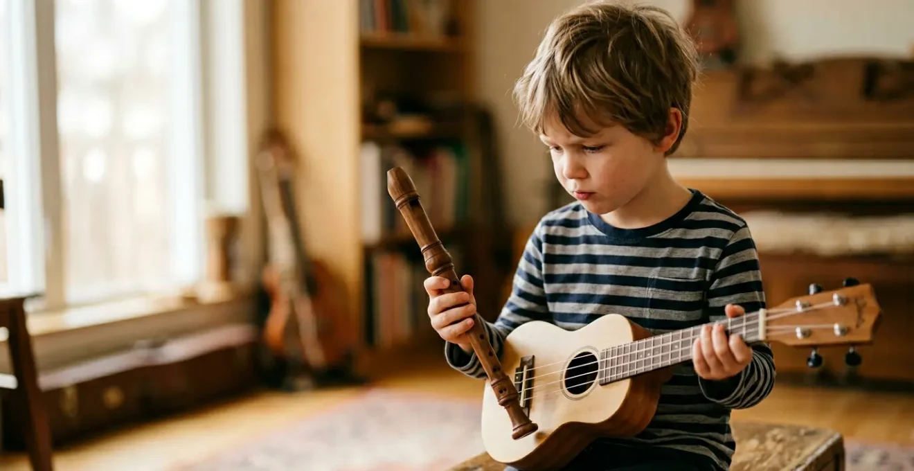 Young child thoughtfully comparing a recorder and ukulele while exploring their first musical instrument choice