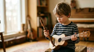 Young child thoughtfully comparing a recorder and ukulele while exploring their first musical instrument choice