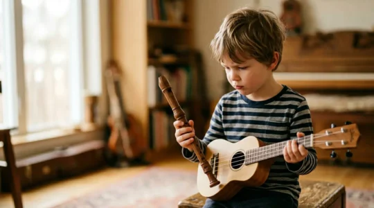 Young child thoughtfully comparing a recorder and ukulele while exploring their first musical instrument choice