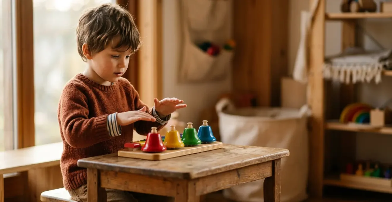 Young child deeply focused during a music activity showing signs of mental readiness for formal lessons