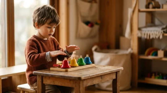 Young child deeply focused during a music activity showing signs of mental readiness for formal lessons