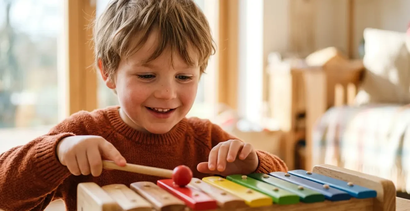 Young children exploring musical instruments with natural curiosity and joy in a welcoming environment