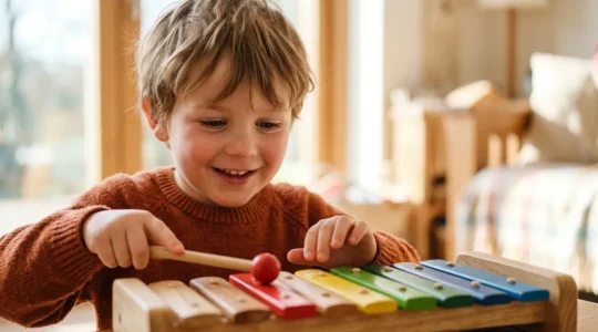 Young children exploring musical instruments with natural curiosity and joy in a welcoming environment