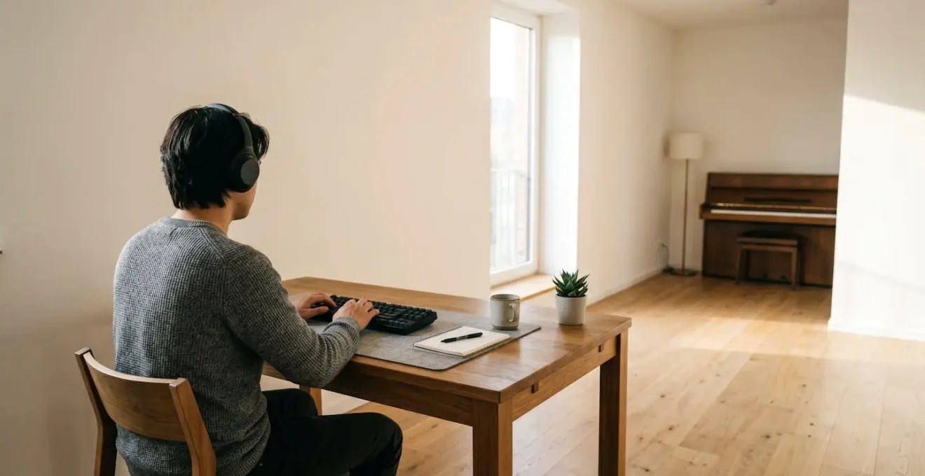 Person in focused work session with ambient classical music environment