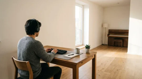 Person in focused work session with ambient classical music environment