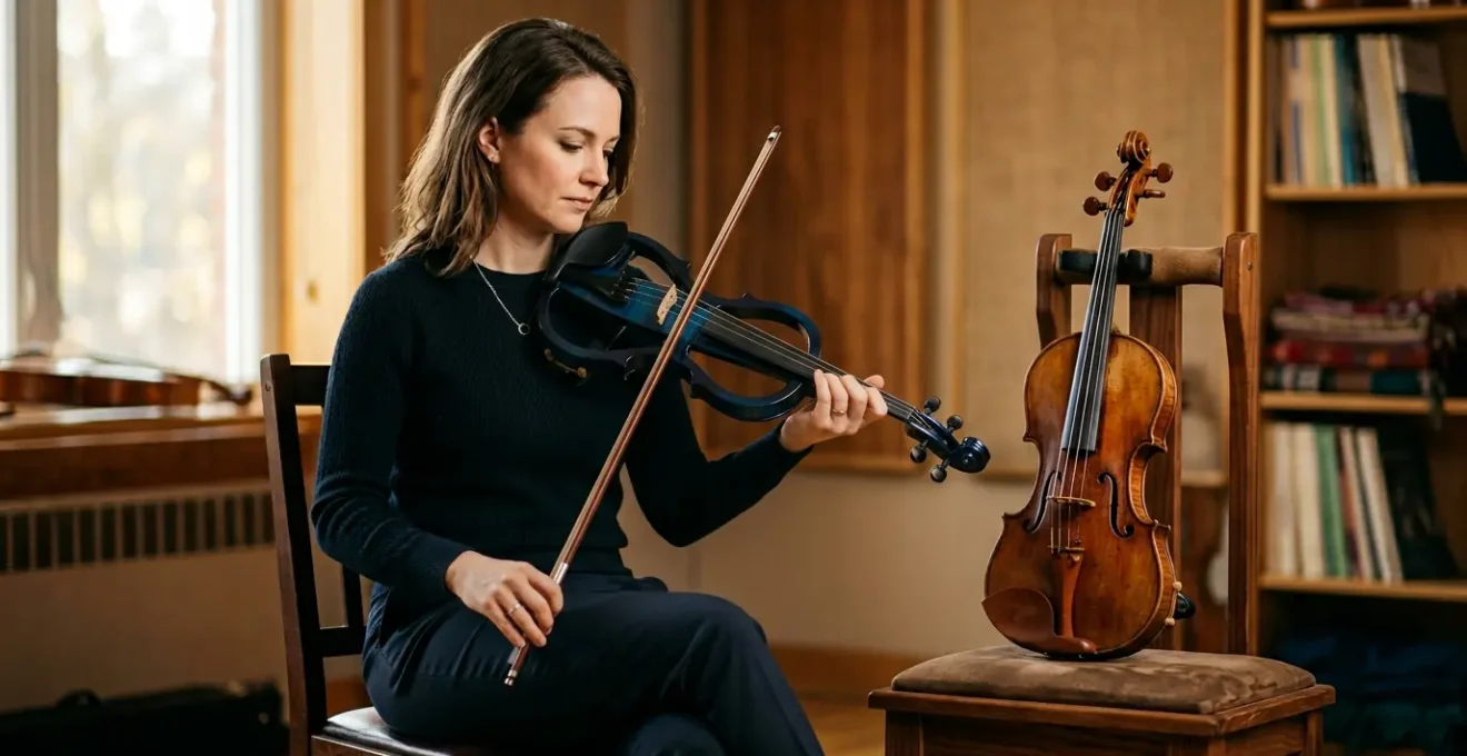 Classically trained violinist contemplating modern electric violin in professional studio setting with warm ambient lighting