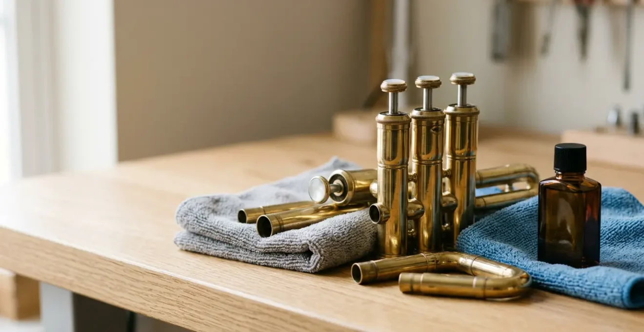 Close-up of brass trumpet valves and polishing cloth on clean surface with maintenance tools