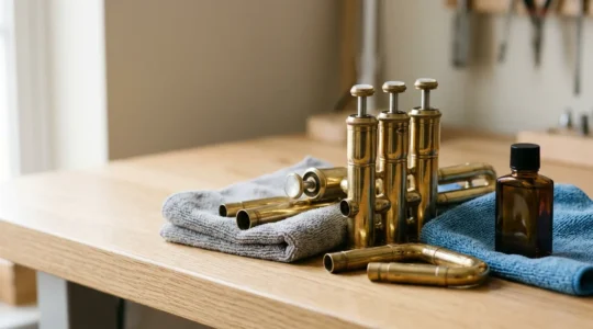 Close-up of brass trumpet valves and polishing cloth on clean surface with maintenance tools