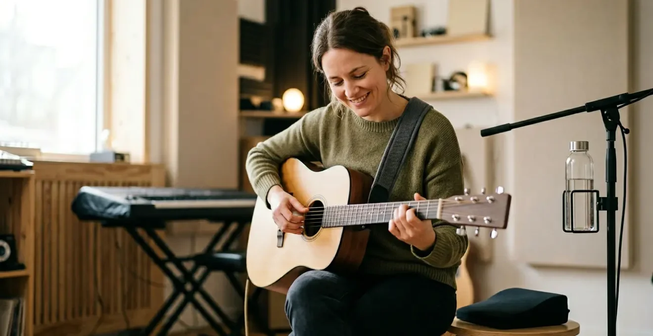 Professional musician in practice space with ergonomic accessories setup for comfortable playing