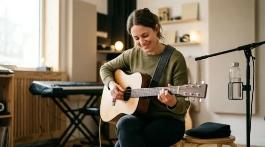 Professional musician in practice space with ergonomic accessories setup for comfortable playing
