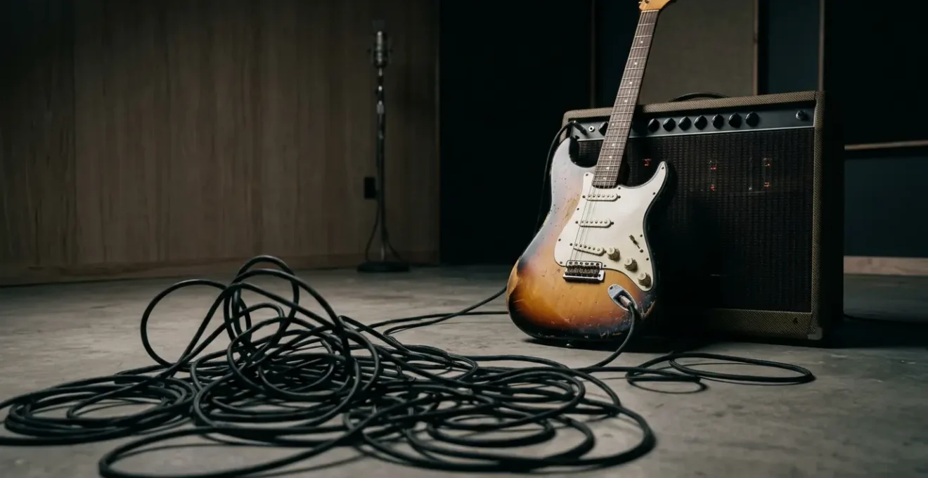 Premium electric guitar with high-end amplifier and tangled cable representing tone degradation