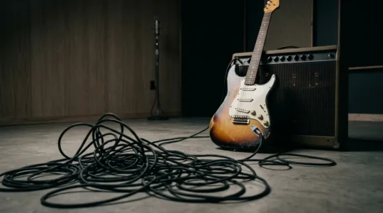 Premium electric guitar with high-end amplifier and tangled cable representing tone degradation
