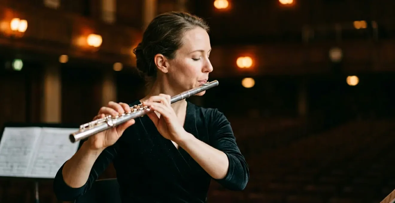 Professional flutist in performance posture demonstrating proper breath support technique