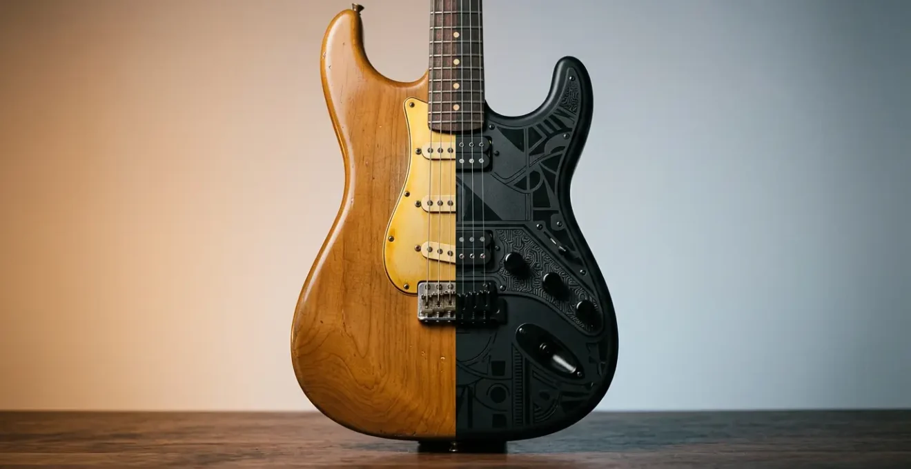 Close-up of customized electric guitar showcasing aesthetic modifications and original parts in dramatic lighting