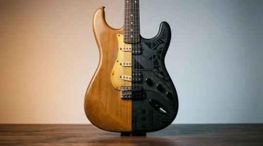 Close-up of customized electric guitar showcasing aesthetic modifications and original parts in dramatic lighting