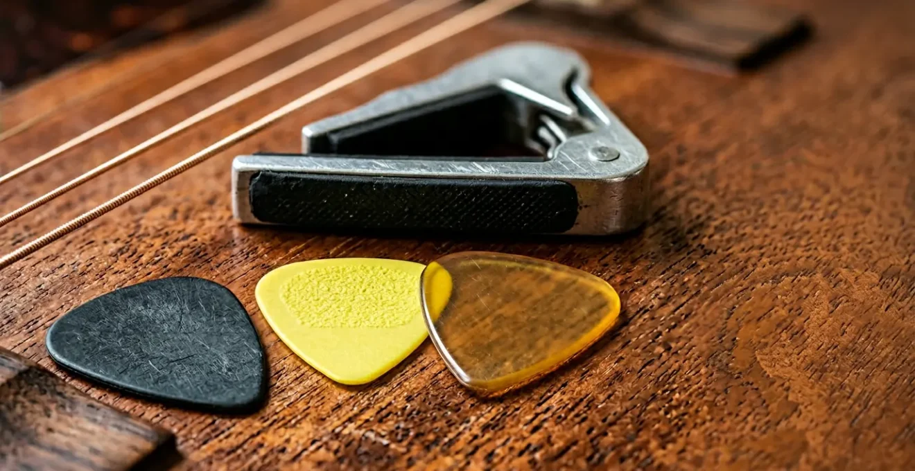 Close-up of guitar picks and capo on wooden surface with guitar strings