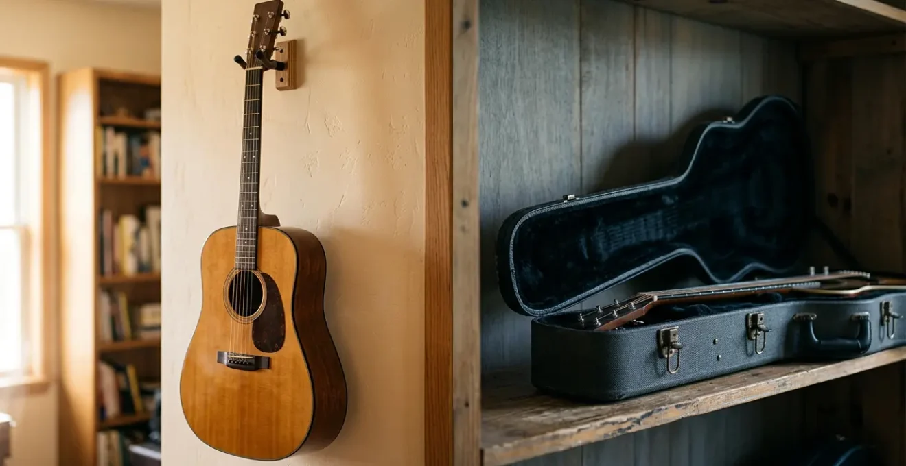 Dual perspective of guitar storage methods showing accessibility versus protection balance