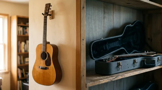 Dual perspective of guitar storage methods showing accessibility versus protection balance