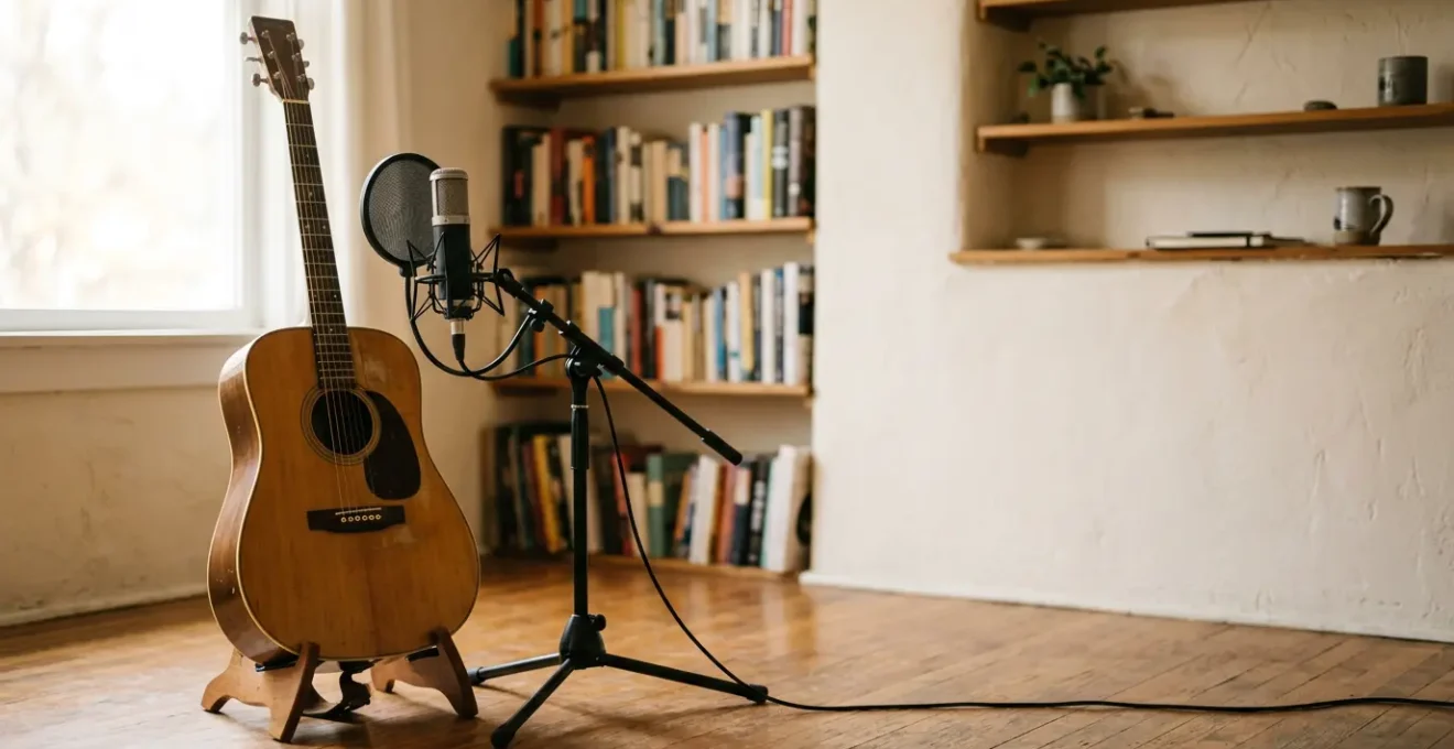 Close-up of acoustic guitar being recorded with condenser microphone in small home studio environment
