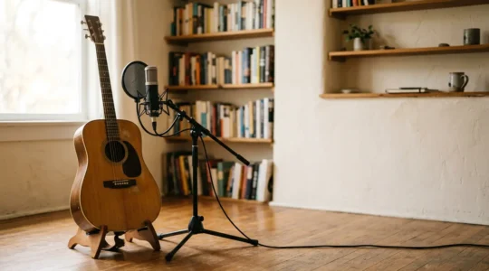 Close-up of acoustic guitar being recorded with condenser microphone in small home studio environment