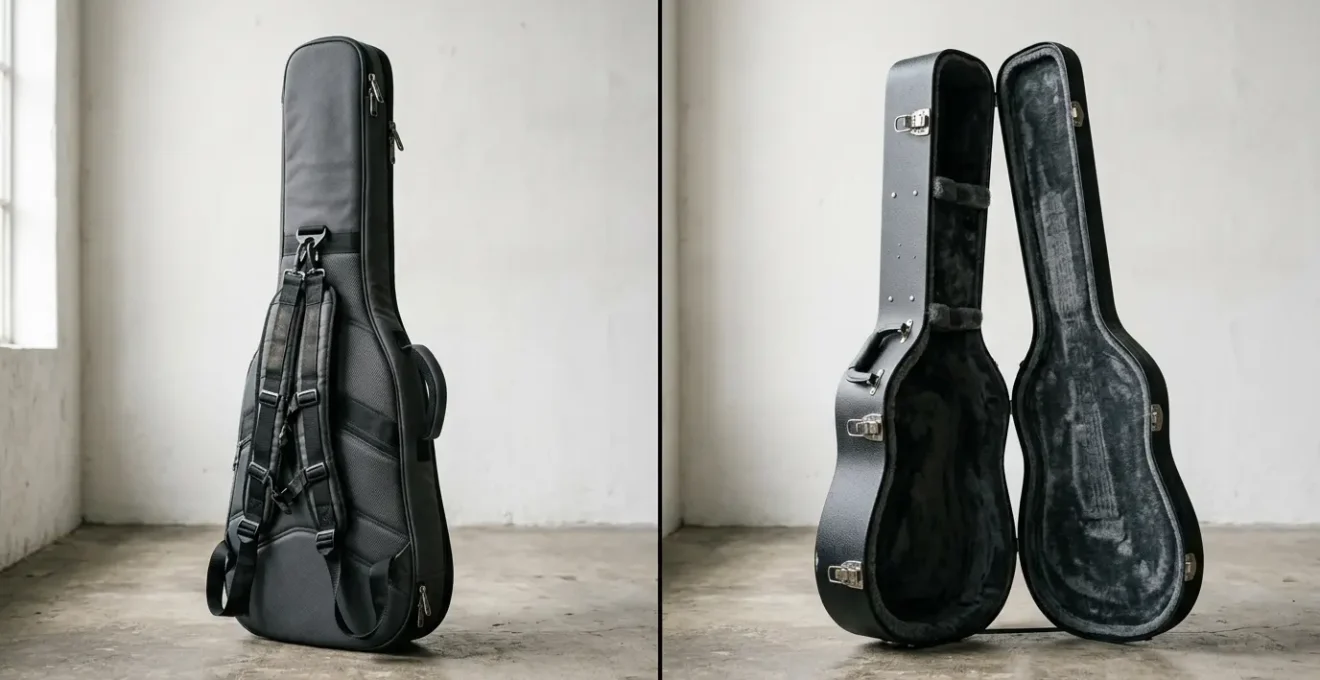 Professional musician comparing lightweight gig bag with protective hard case for instrument storage and travel