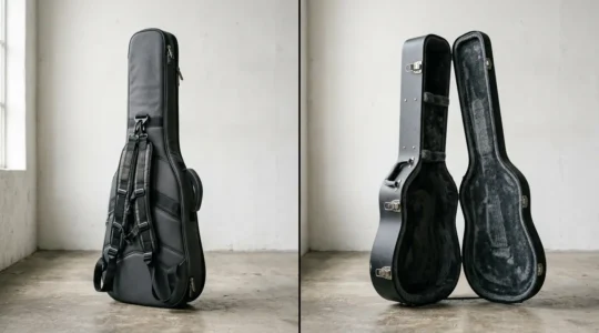 Professional musician comparing lightweight gig bag with protective hard case for instrument storage and travel