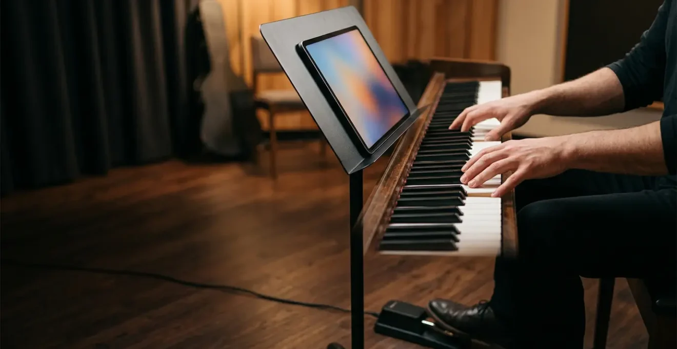 Professional musician using iPad as digital music stand with wireless controller in modern performance setting