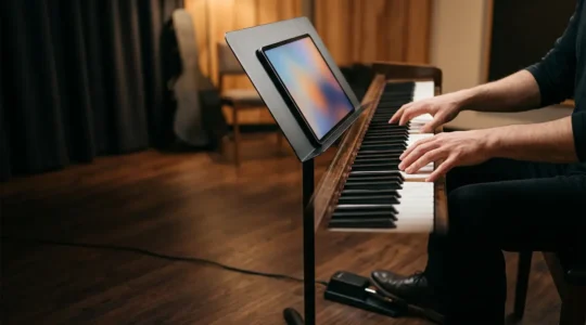 Professional musician using iPad as digital music stand with wireless controller in modern performance setting
