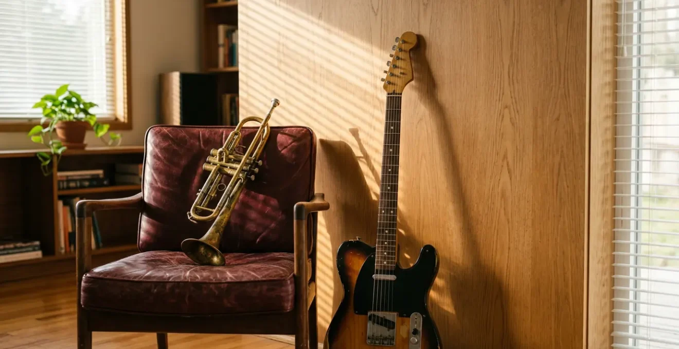A vintage trumpet rests on a worn leather chair beside a classic electric guitar, symbolizing the bridge between jazz and rock music