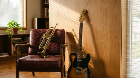 A vintage trumpet rests on a worn leather chair beside a classic electric guitar, symbolizing the bridge between jazz and rock music