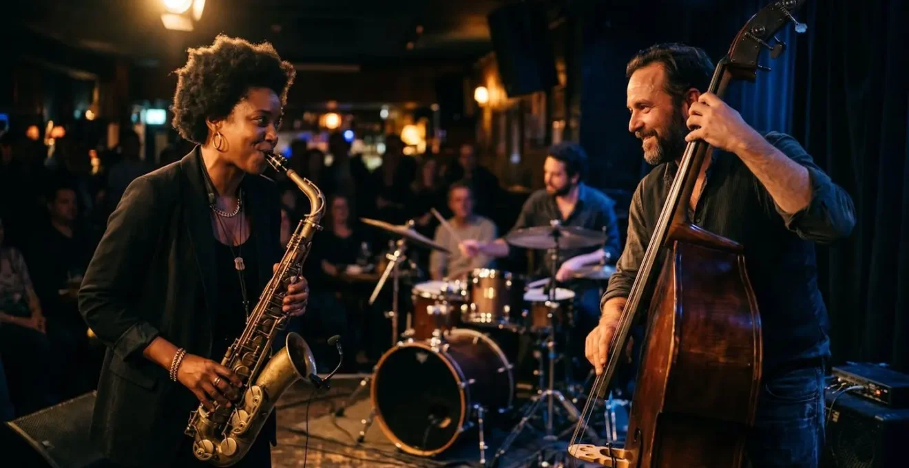 Jazz musicians engaging in live jam session with expressive body language and instrumental communication