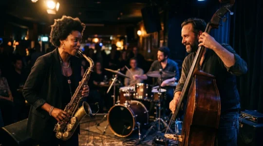 Jazz musicians engaging in live jam session with expressive body language and instrumental communication