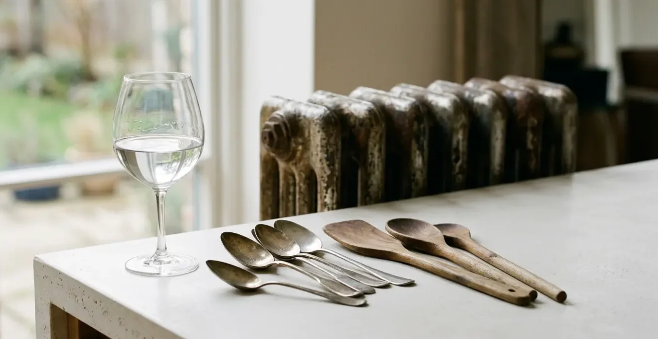 Close-up of everyday kitchen objects arranged as creative sound sources for music sampling and sonic experimentation
