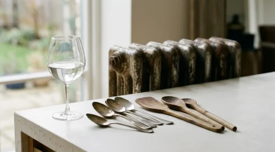 Close-up of everyday kitchen objects arranged as creative sound sources for music sampling and sonic experimentation
