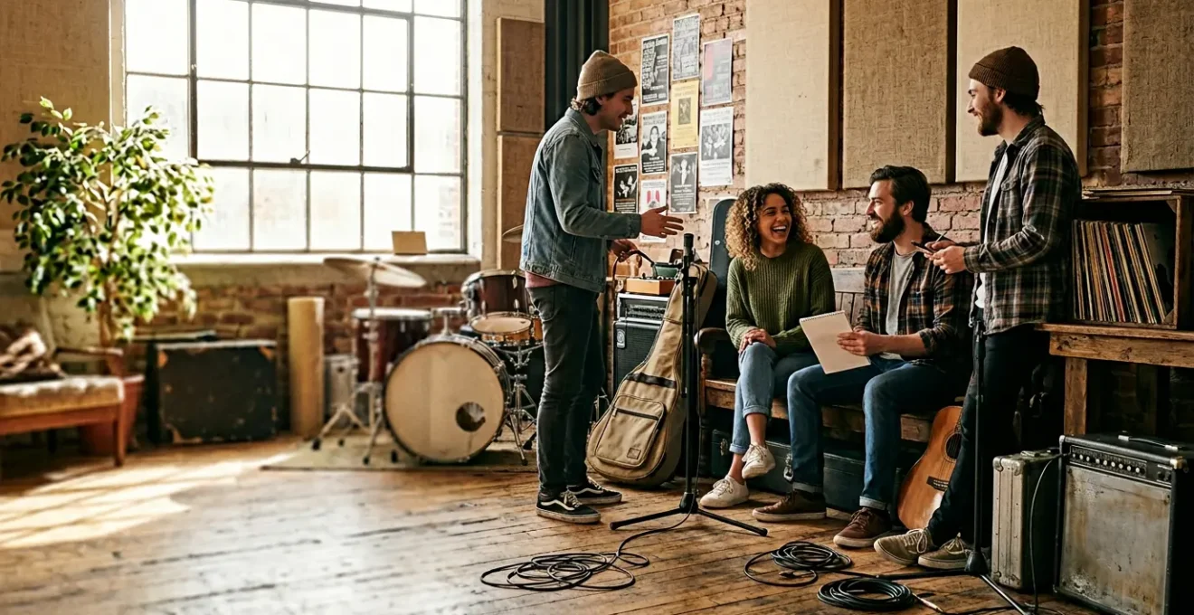 Local musicians collaborating in community music scene atmosphere