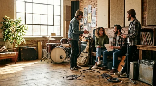 Local musicians collaborating in community music scene atmosphere