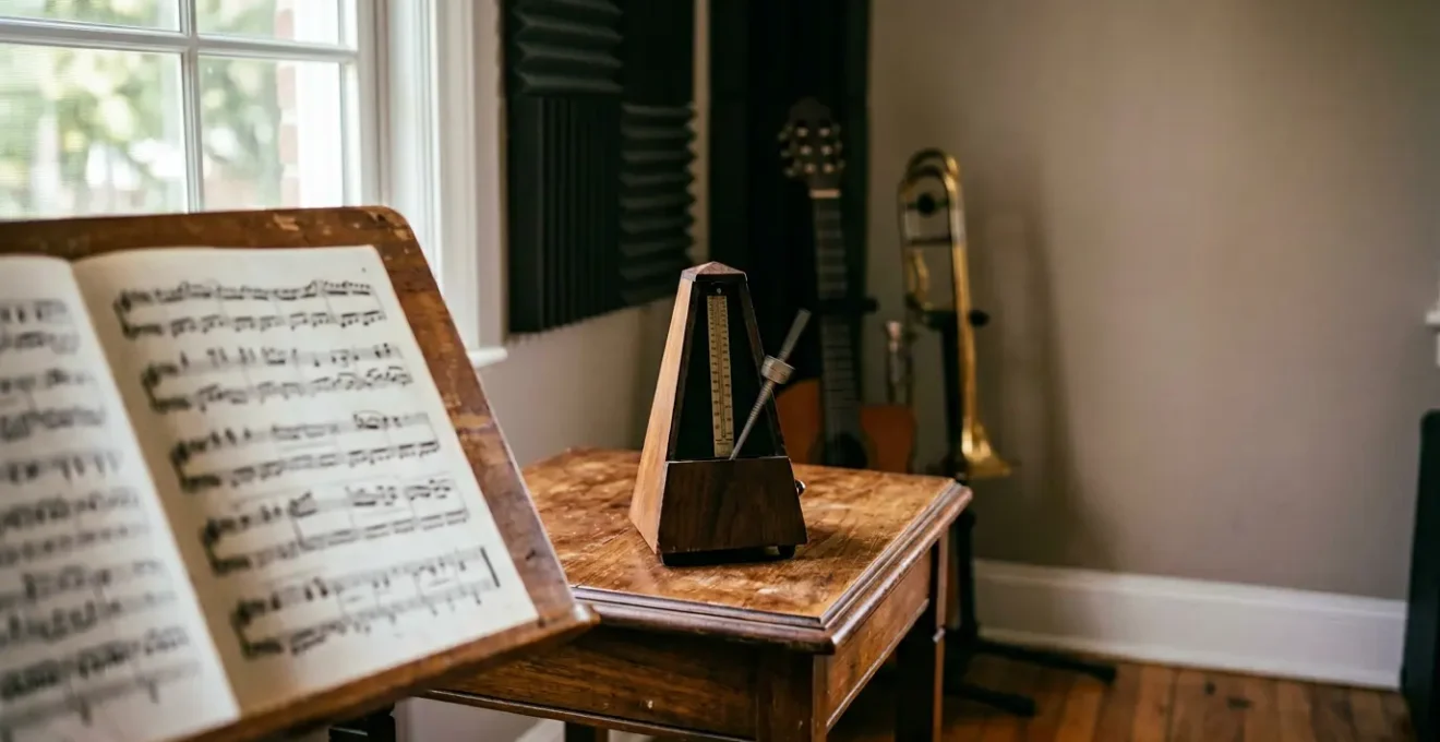 Professional musician practice setup emphasizing precision timing and tuning tools