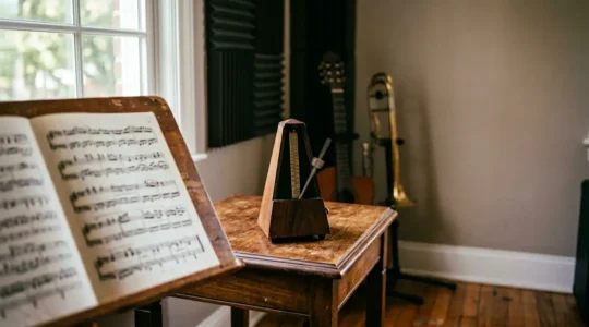 Professional musician practice setup emphasizing precision timing and tuning tools